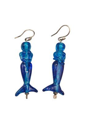 Handcrafted Blue Glass Mermaid Earrings Swirl Detail Fishhooks 10 Grams